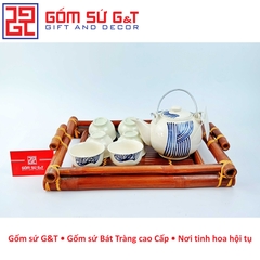 Bộ trà vẽ kẻ sóng khay gỗ