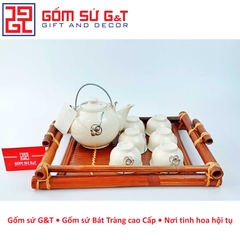 Bộ trà quả đào vẽ sen khay gỗ