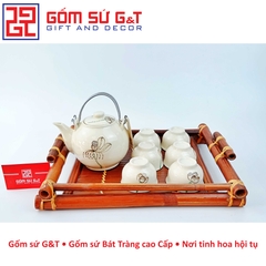 Bộ trà quả đào vẽ sen khay gỗ