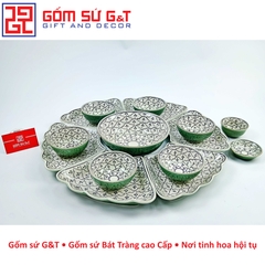 Bộ mặt trời vẽ hoa bèo men xanh đồng