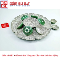Bộ mặt trời vẽ hoa bèo men xanh đồng