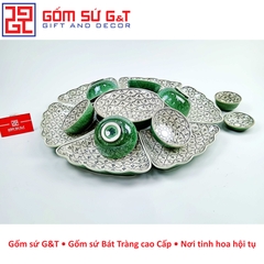 Bộ mặt trời vẽ hoa bèo men xanh đồng