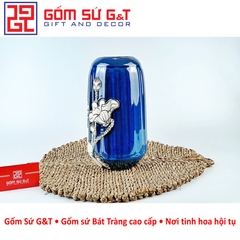 Lọ hoa men hỏa biến lá dứa miệng thấp vẽ sen