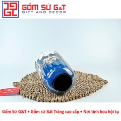 Lọ hoa men hỏa biến lá dứa miệng thấp vẽ sen