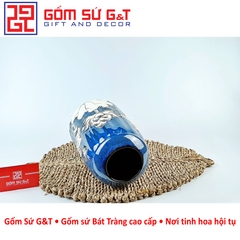 Lọ hoa men hỏa biến lá dứa miệng thấp vẽ sen