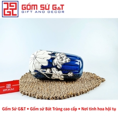 Lọ hoa men hỏa biến lá dứa miệng thấp vẽ sen