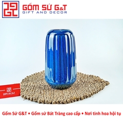 Lọ hoa men hỏa biến lá dứa miệng thấp vẽ sen