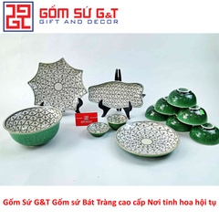 Bộ đồ ăn 6 người men xanh đồng vẽ hoa bèo