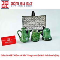 Bộ đựng gia vị men xanh ồng vẽ hoa bèo