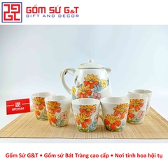 Ấm chén vẽ hoa cúc đỏ