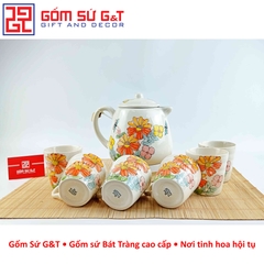 Ấm chén vẽ hoa cúc đỏ