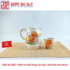 Ấm chén vẽ hoa cúc đỏ