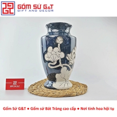 Lọ hoa men hỏa biến dáng chân voi vẽ sen