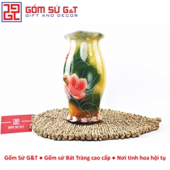 Lọ hoa dáng kèn miệng lượn vẽ 3D sen phú quý