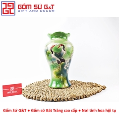 Lọ hoa dáng chân đèn miệng lượn vẽ sen hạc