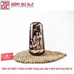 Lọ hoa dáng đu đủ vẽ gieo duyên quan họ 3D nâu trầm