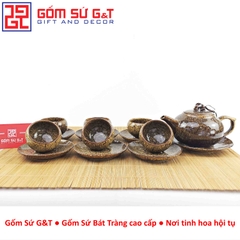 Bộ trà men hỏa biến dáng quả hồng màu vàng