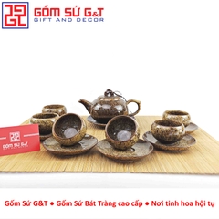 Bộ trà men hỏa biến dáng quả hồng màu vàng