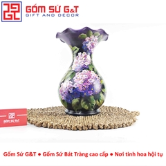 Lọ hoa vuốt tay miệng lượn vẽ cẩm tú cầu tím
