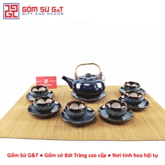 Bộ trà hỏa biến dáng Nhật lòng hoa men xanh