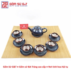Bộ trà hỏa biến quai C lòng hoa men xanh