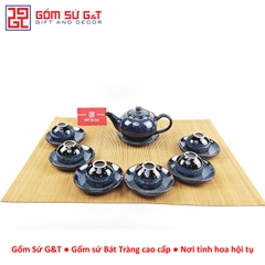 Bộ trà hỏa biến quai C lòng hoa men xanh