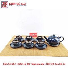 Bộ trà hỏa biến quai C lòng hoa men xanh