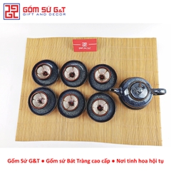 Bộ trà hỏa biến quai C lòng hoa men xanh