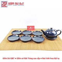 Bộ trà hỏa biến quai C lòng hoa men xanh