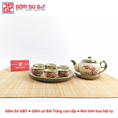 Bộ trà @ vẽ đào đỏ khay sứ
