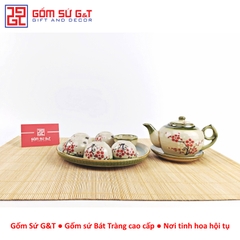 Bộ trà @ vẽ đào đỏ khay sứ