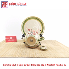 Bộ trà @ vẽ đào đỏ khay sứ