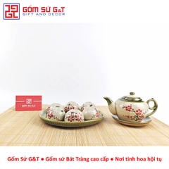 Bộ trà @ vẽ đào đỏ khay sứ