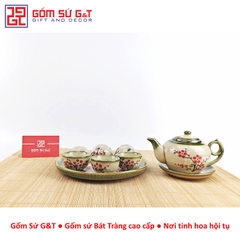 Bộ trà @ vẽ đào đỏ khay sứ