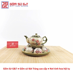Bộ trà @ vẽ đào đỏ khay sứ