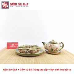 Bộ trà @ vẽ sen đỏ khay sứ