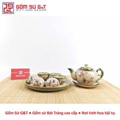 Bộ trà @ vẽ sen đỏ khay sứ