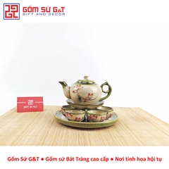 Bộ trà @ vẽ sen đỏ khay sứ
