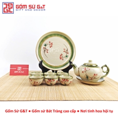Bộ trà @ vẽ sen đỏ khay sứ