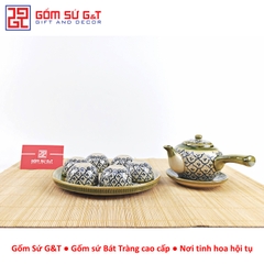 Bộ trà quai ngang vẽ hoa bèo khay sứ