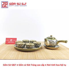 Bộ trà quai ngang vẽ hoa bèo khay sứ