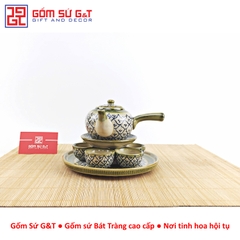 Bộ trà quai ngang vẽ hoa bèo khay sứ