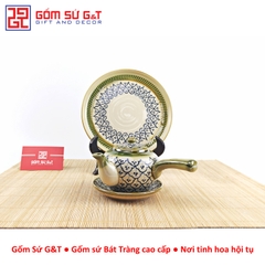 Bộ trà quai ngang vẽ hoa bèo khay sứ