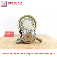 Bộ trà quai ngang vẽ hoa bèo khay sứ