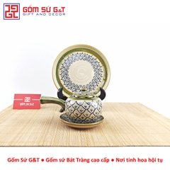 Bộ trà quai ngang vẽ hoa bèo khay sứ