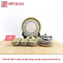 Bộ trà Nhật vẽ cá đàn khay sứ