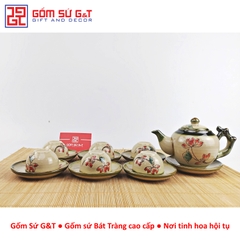 Bộ trà dáng gốc cây vẽ sen đỏ