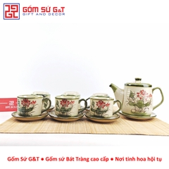 Bộ trà cafe tròn vẽ sen đỏ