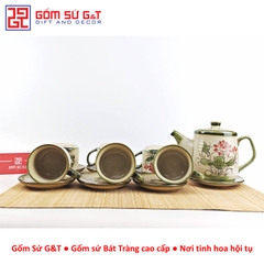 Bộ trà cafe tròn vẽ sen đỏ