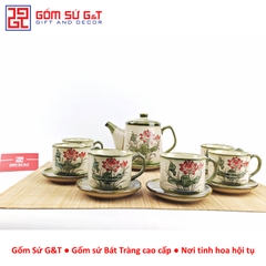 Bộ trà cafe tròn vẽ sen đỏ